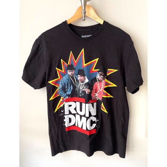 RUN DMC POW T-Shirt Men's L Black Crew Neck Retro Logo Spellout Hip Hop Rap - Picture 1 of 6